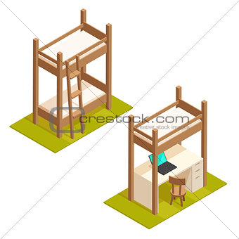 Isometric bunk bed and loft bed illustration.