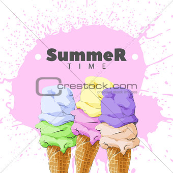 Ice cream of different tastes on a white background