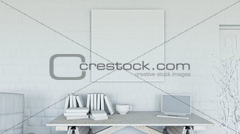 3D office with blank canvas on brick wall