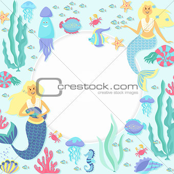 Greeting banner on the marine theme. Cute mermaids, seashells, marine animals.