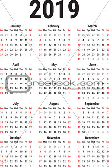 Calendar of 2019