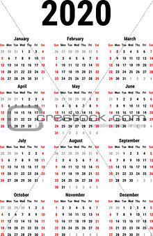 Calendar for 2020