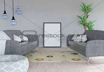 3D blank picture leaning against a wall in a room interior