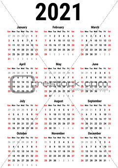Calendar for 2021