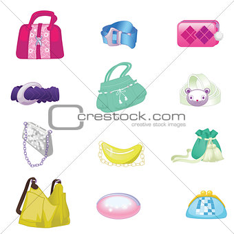 Woman accessories set. Collection of colorful female accessories bags and belts. Vector illustration.