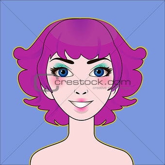 Sexy cartoon girl with short curly hairstyle and blue eyes