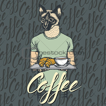 Vector Illustration of cat with croissant and coffee