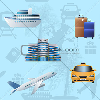 seamless pattern travel, cruise, ship, plane, hotel