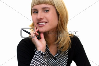 young woman with pen is smiling in office