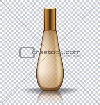 Transparent gold perfume cosmetic bottle. Realistic vector illustration of cosmetic product