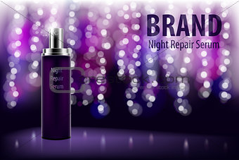 Cosmetic moisturizing brand product. Shiny violet night repair serum bottle on a dark background with soft bokeh. Vector 3D translucent bottle illustration.