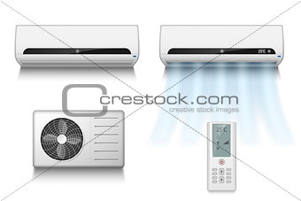 Realistic set of air conditioner with cooling and ventilation equipment isolated on white. vector illustration of air conditioner with remote control.