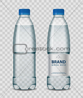 Plastic bottle with mineral water with blue cap on transparent background. Realistic bottle mockup vector illustration.