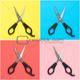Collage of scissors on colorful background