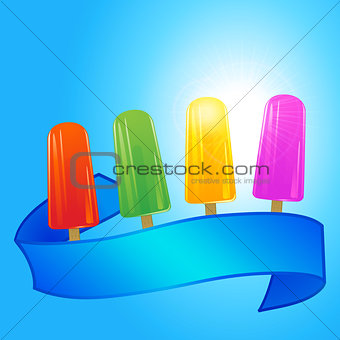Ice lollies and banner over summer blue sky