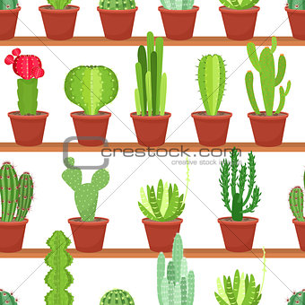 Seamless pattern of flowers pots with cacti and succulents. Vector illustration