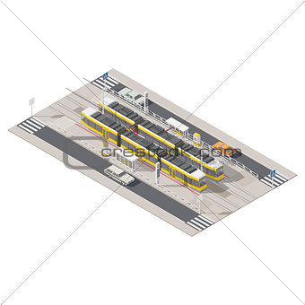 Tram station located in the middle of the street isometric icon set