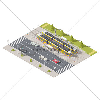 Infographics representing the tram station side of the road isometric icon set