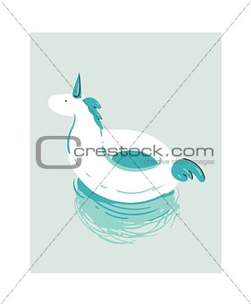 Hand drawn vector abstract cartoon summer time fun illustration with white unicorn swimming pool buoy float circle isolated on blue background.