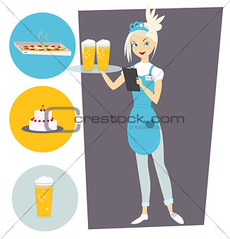 Waitress with a tray and a beer. Set with objects