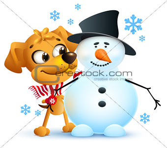 Yellow dog symbol of year 2018. Winter vacation making snowman