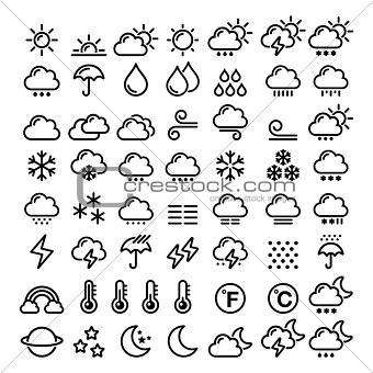 Weather line icons set - big pack of 70 weather forecast graphic elements, sun, cloud, rain, snow, wind, rainbow