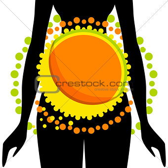 Silhouette of woman with abstraction on stomach. diet. health. vector
