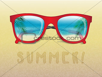 sunglasses reflecting tropical landscape