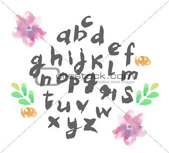 Hand drawn alphabet written with brush pen. Letters are decorated
