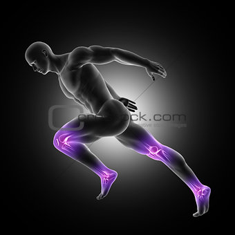 3D male figure in sprinting pose with leg joints highlighted
