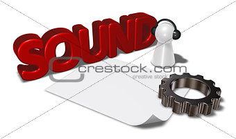 sound tag, gear wheel and pawn with headphones - 3d rendering