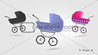 Baby stroller Isolated on white background. Cartoon pram illustrated. Trendy style for graphic design, Web site, social media, user interface, mobile app.