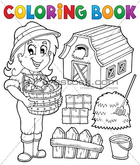 Coloring book girl and farm objects