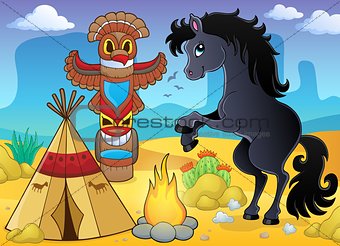Horse in Native American campsite