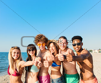 Group of friends having fun on the beach. Concept of summertime