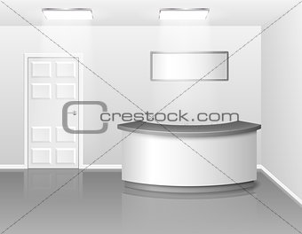 Office or hotel interior with reception or exhibition counter desk. 3d realistic vector illustration. Empty business interior hall with counter