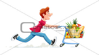 Running boy with product cart. Shopping in supermarket. 