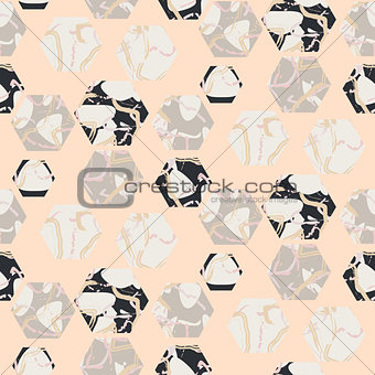 Marble stone hexagons seamless pale pink vector texture.