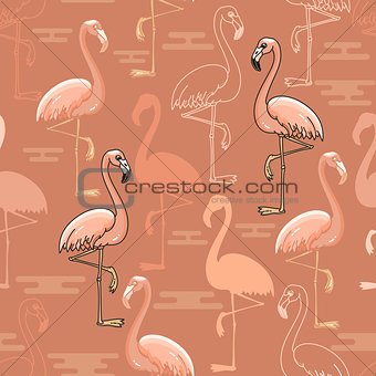 Seamless  pattern of  hand drawn pink flamingo birds.