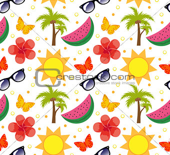 Summertime seamless pattern. Bright summer infinite background. Beach, vacation, sea theme repeating texture. Vector illustration.