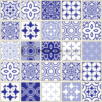 Veector navy blue tiles pattern, Azulejo - Portuguese seamless tile design, ceramics set