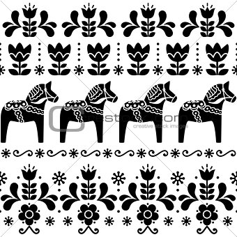 Swedish Dala horse pattern, Scandinavian seamless folk art design with flowers