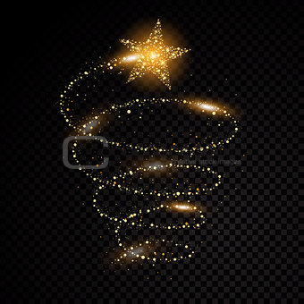 Gold glittering spiral star dust trail sparkling particles on transparent background. Space comet tail. Vector glamour fashion illustration.