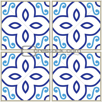 Tiles pattern, Spanish or Portuguese tile blue background, Geometric designs