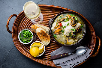 Seafood fish soup in clay bowls served with cold white wine. Top view, copy space