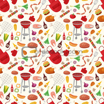 Bbq seamless pattern with grill objects and icons.