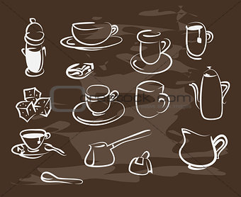 Collection of hand-drawn coffee on blackboard. Retro vintage style .