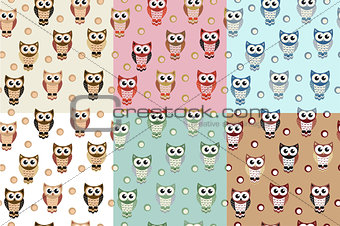 Kids seamless pattern with owls. Owl endless background, texture. Childrens backdrop. Vector illustration.
