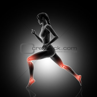 3D female figure jogging with knee and ankle joints highlighted
