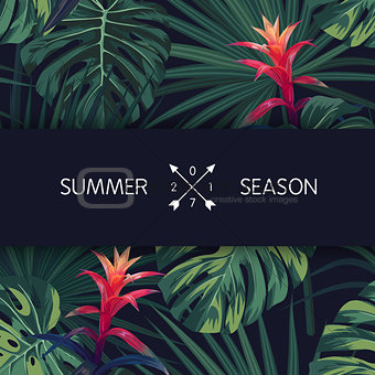 Green tropical design with palm leaves and exotic flowers. Vector floral template.